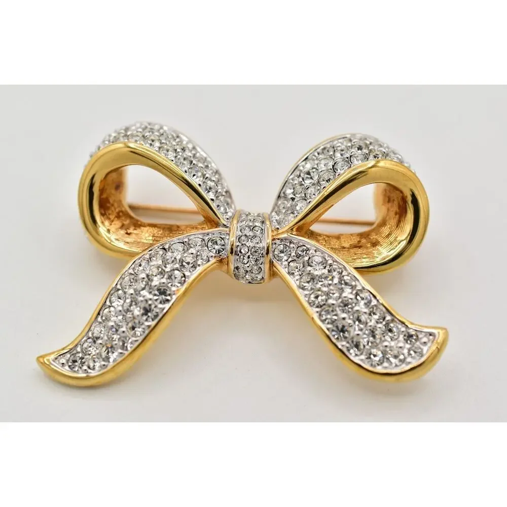 Swarovski Vintage Crystal Bow Pin Brooch Gold Pave Rhinestone Swan Signed BinBG